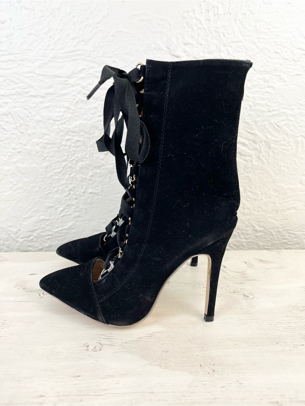 Black Velvet Faux Suede Lace Up Boots Witchy Gothic Heeled Victorian 40 9 - Picture 3 of 14